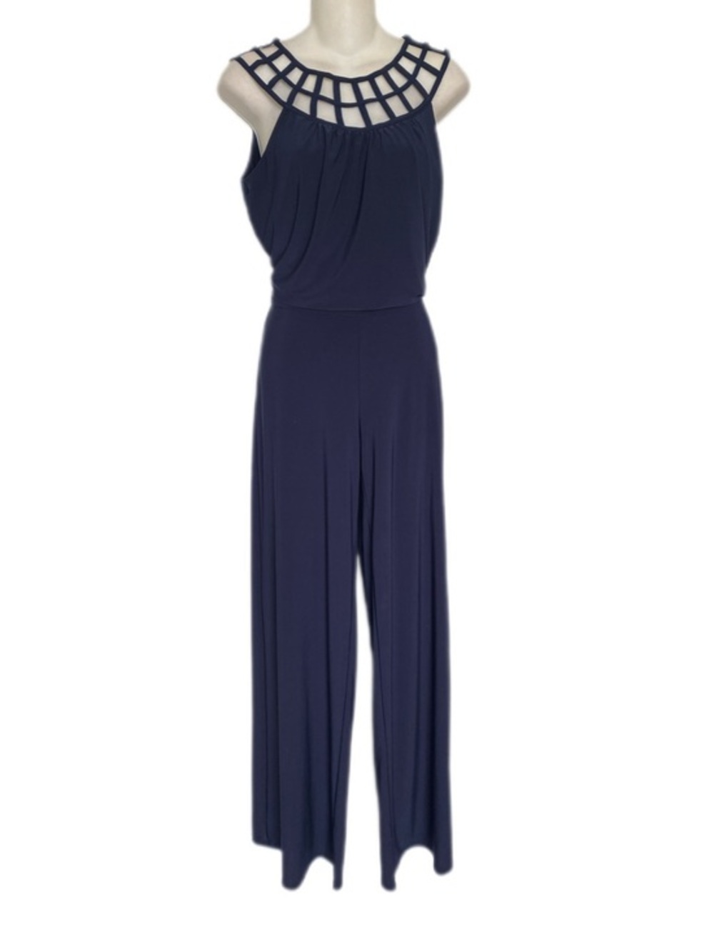 White House Black Market Navy Lattice-Neck Wide-Leg Jumpsuit 2